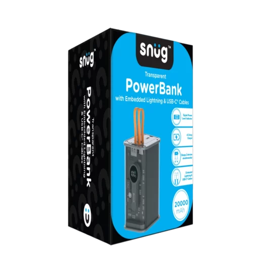 Snug 20 000mAh Power Bank With Embedded Lightning & USB-C Cables - Black